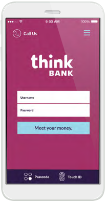 A mock up of a phone with the Think Bank mobile app